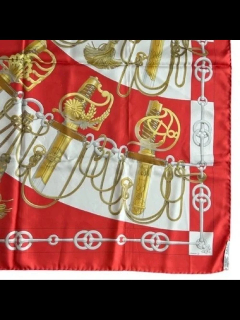 Hermes Red White and Gold Equestrian Print Silk Scarf